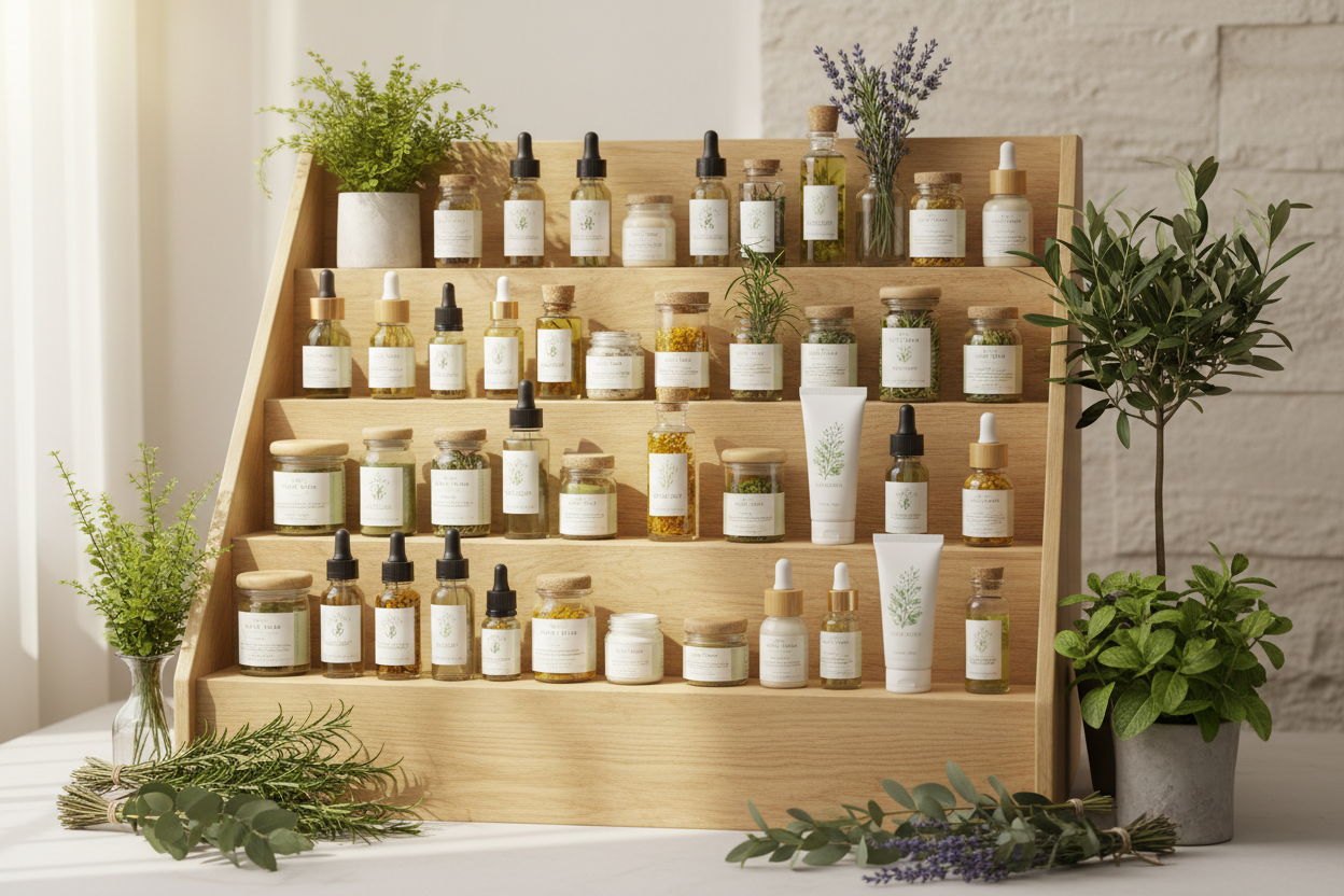 an aesthatic herbal skincare rack